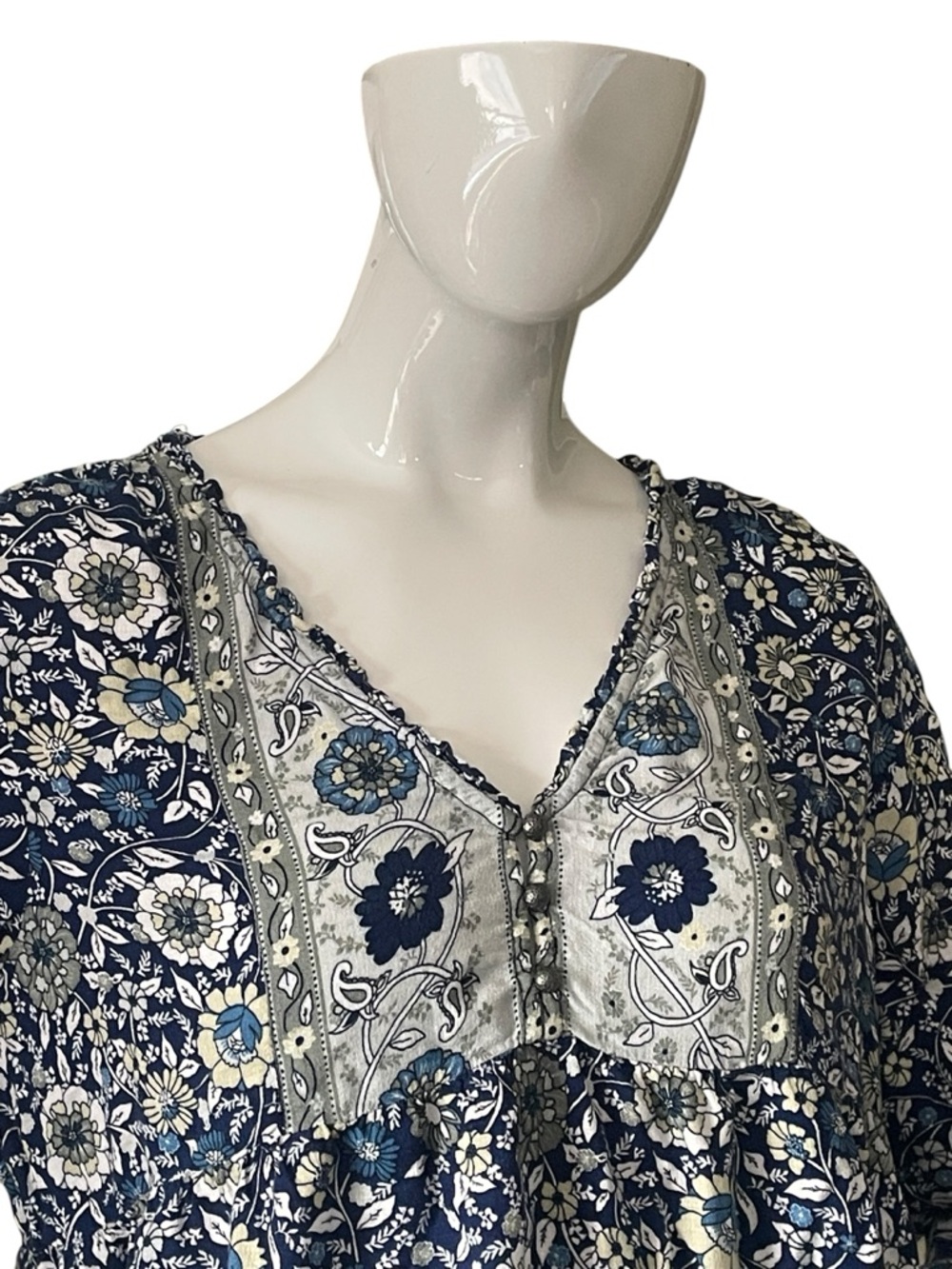 Lucky Brand Boho Floral V-Neck Long Sleeve Peasant Top - Blue - Picture 3 of 9